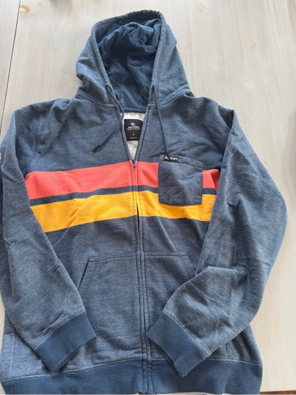 Rip Curl Navy Zip Hoodie with Red and Mustard Stripes